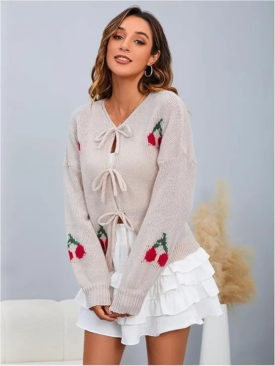 GORGLITTER Women's Bow Front Tie Cardigan Cherry Sweater Y2k Open Front Chunky Knit Sweater Cardigan