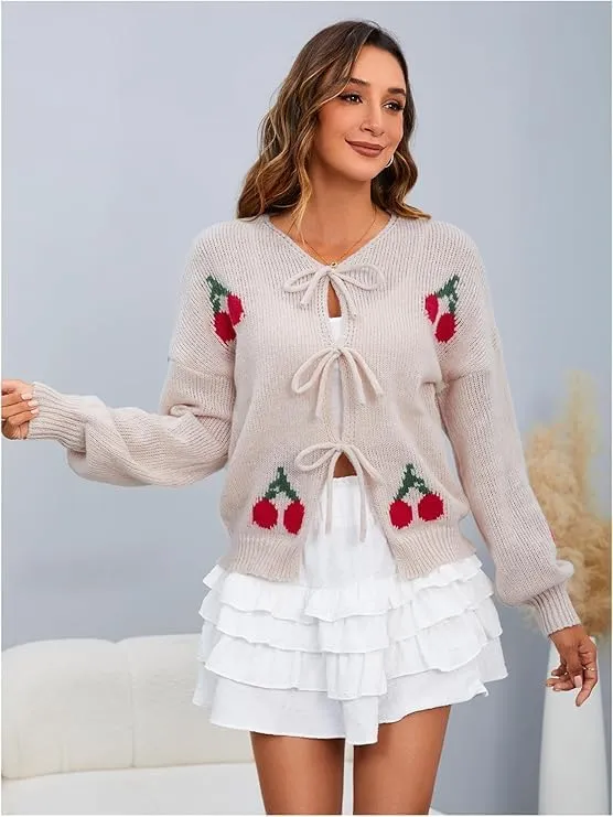GORGLITTER Women's Bow Front Tie Cardigan Cherry Sweater Y2k Open Front Chunky Knit Sweater Cardigan
