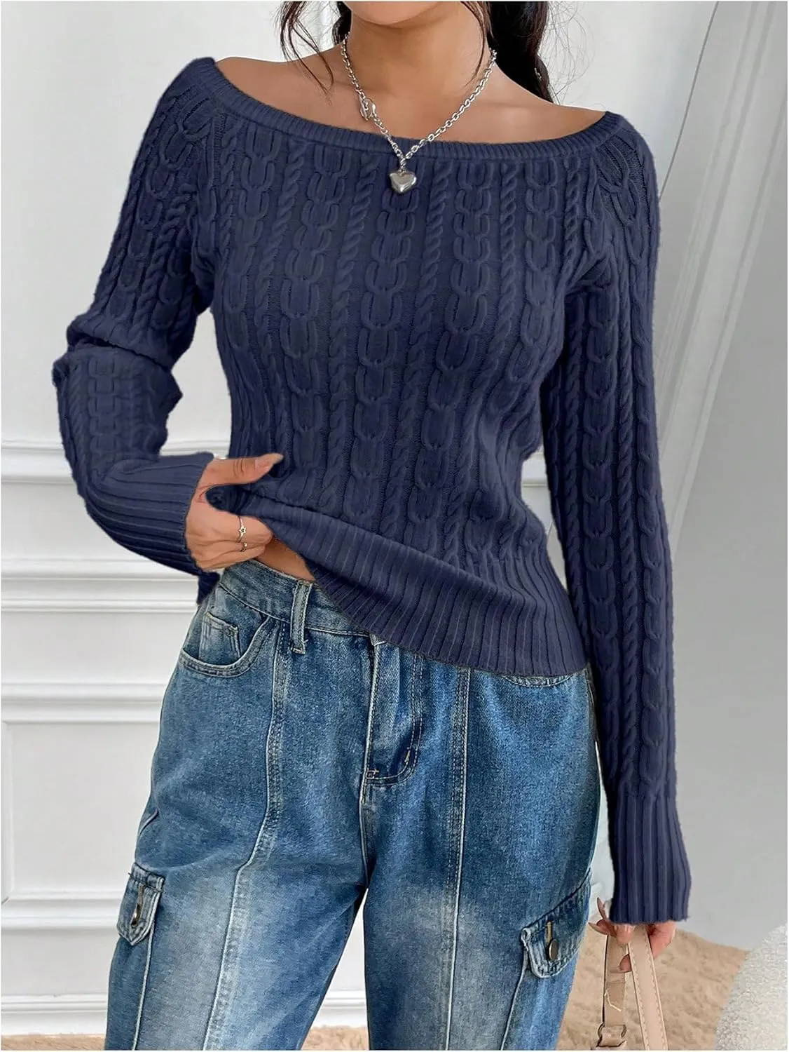 GORGLITTER Women's Off The Shoulder Cable Knit Sweater Long Sleeve Knitted Sweater Pullover Tops