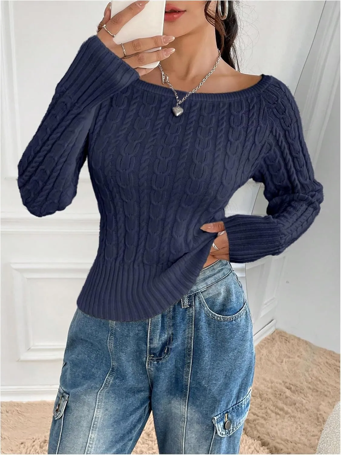 GORGLITTER Women's Off The Shoulder Cable Knit Sweater Long Sleeve Knitted Sweater Pullover Tops