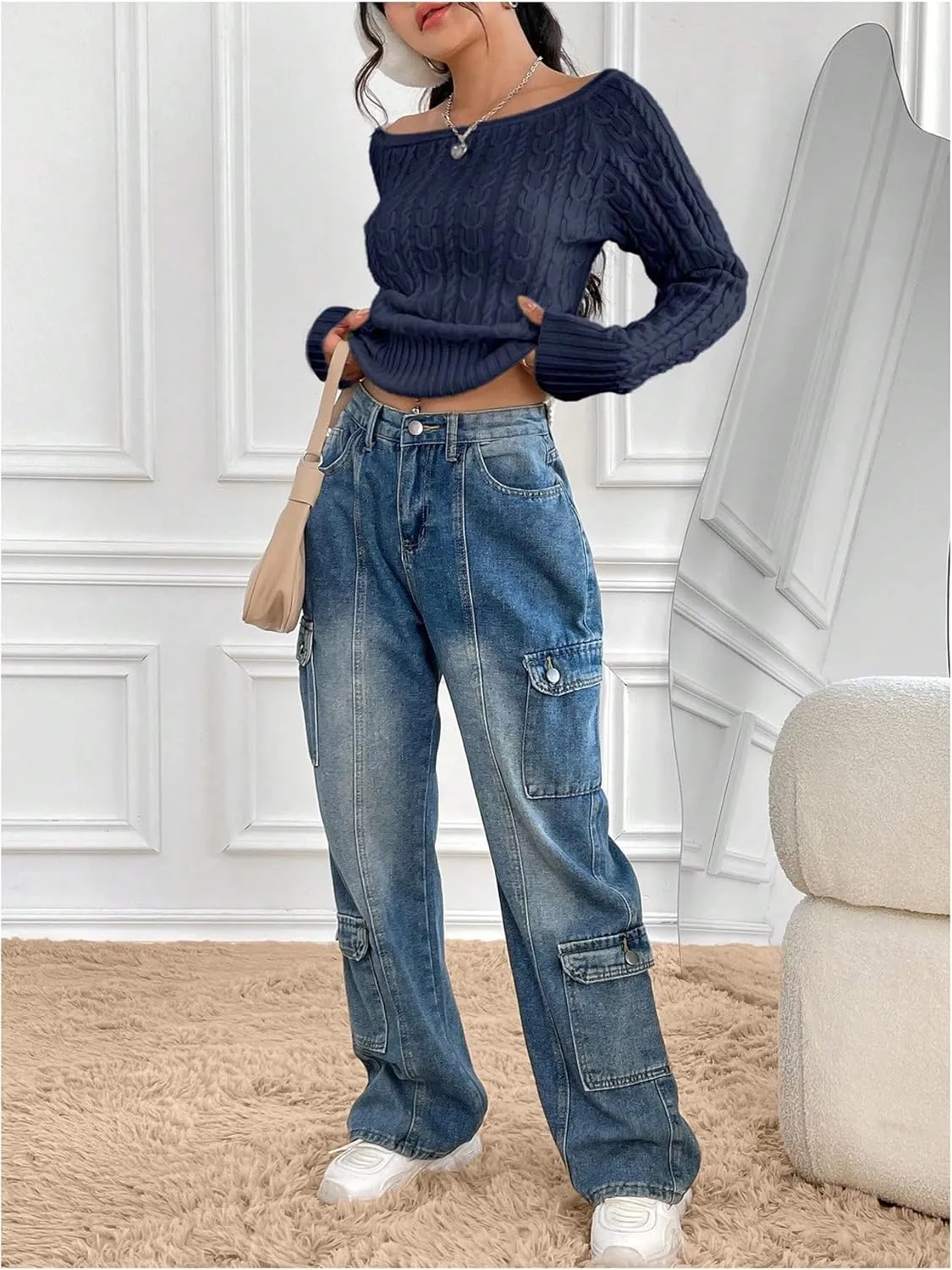 GORGLITTER Women's Off The Shoulder Cable Knit Sweater Long Sleeve Knitted Sweater Pullover Tops