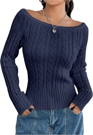 GORGLITTER Women's Off The Shoulder Cable Knit Sweater Long Sleeve Knitted Sweater Pullover Tops