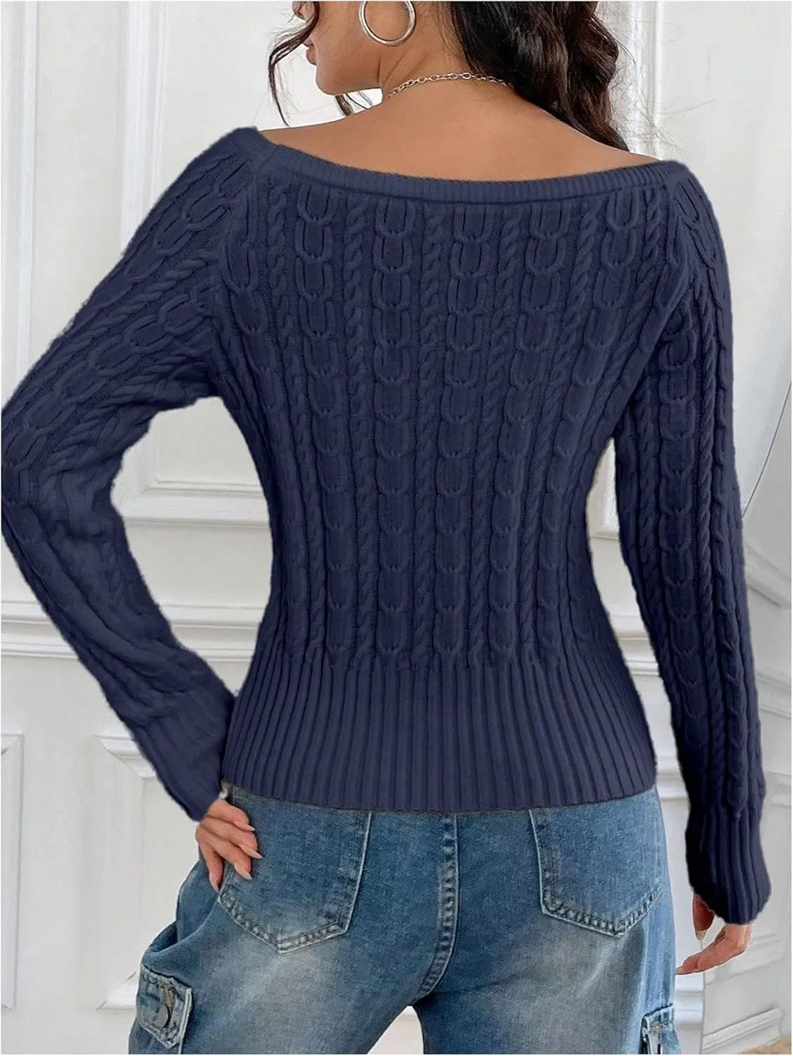 GORGLITTER Women's Off The Shoulder Cable Knit Sweater Long Sleeve Knitted Sweater Pullover Tops