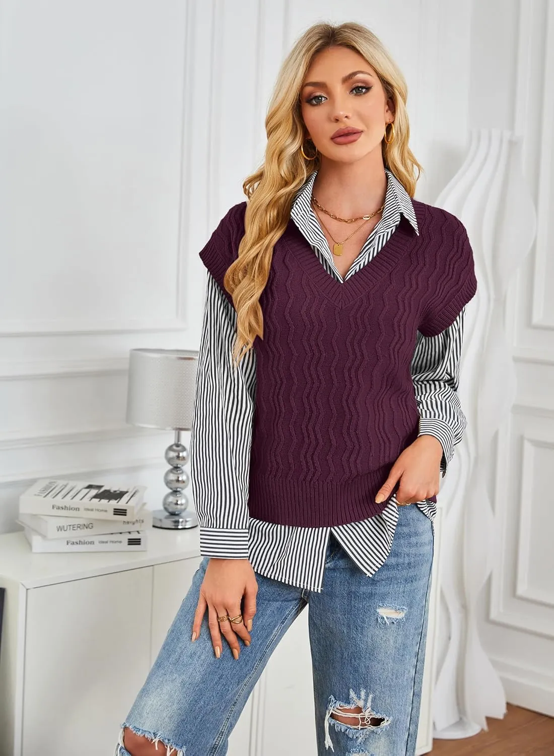 GRACE KARIN Womens V Neck Sweater Vest Ribbed Knit Casual Cap Sleeve Loose Fit Pullover Tops Fall Clothes 2024