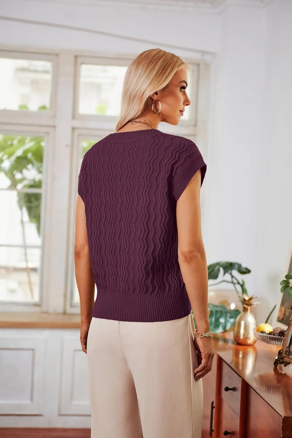 GRACE KARIN Womens V Neck Sweater Vest Ribbed Knit Casual Cap Sleeve Loose Fit Pullover Tops Fall Clothes 2024