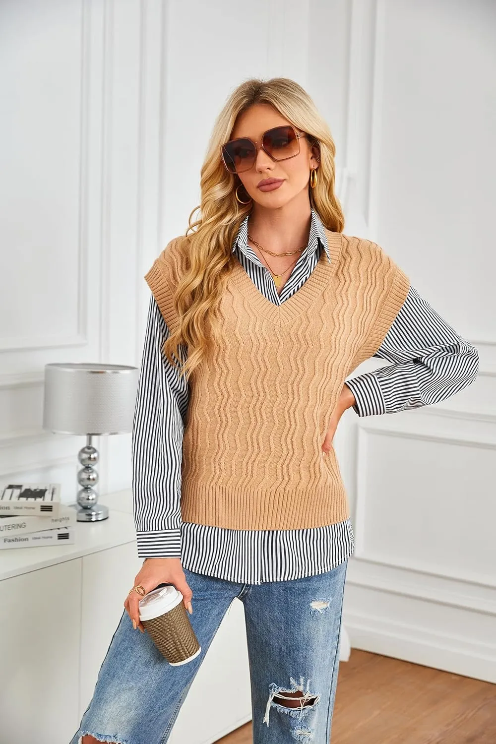 GRACE KARIN Womens V Neck Sweater Vest Ribbed Knit Casual Cap Sleeve Loose Fit Pullover Tops Fall Clothes 2024