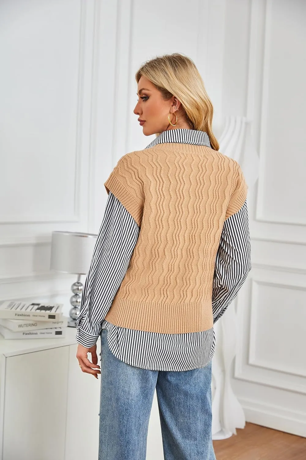 GRACE KARIN Womens V Neck Sweater Vest Ribbed Knit Casual Cap Sleeve Loose Fit Pullover Tops Fall Clothes 2024