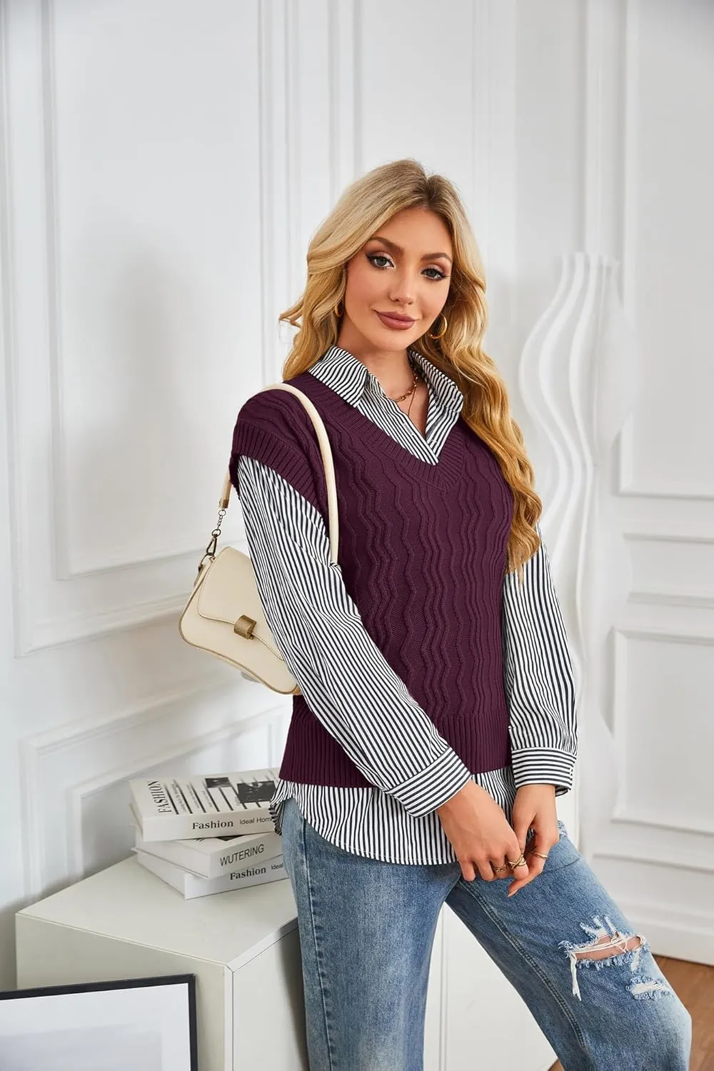 GRACE KARIN Womens V Neck Sweater Vest Ribbed Knit Casual Cap Sleeve Loose Fit Pullover Tops Fall Clothes 2024