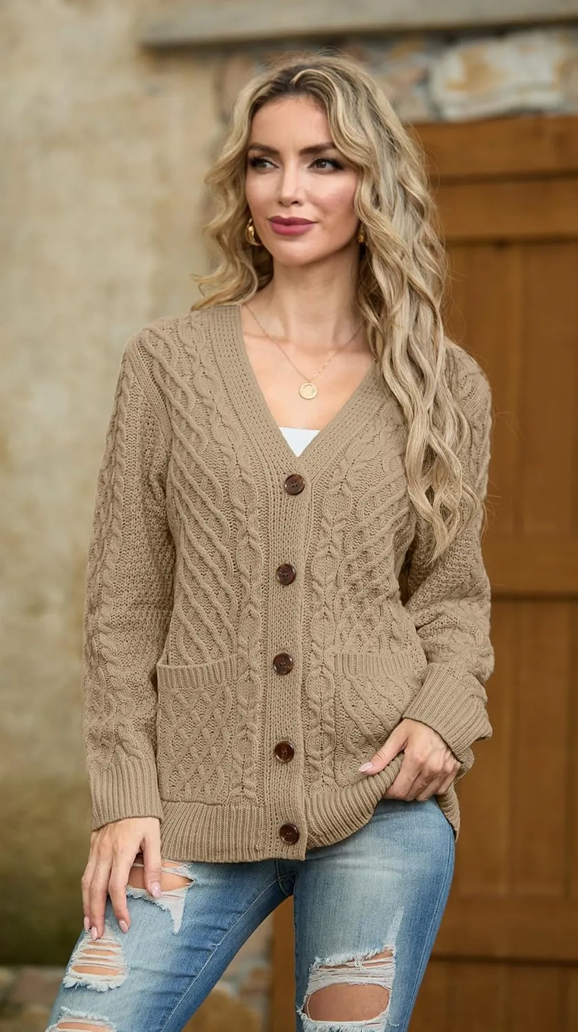 GRECERELLE Women 2024 Fall Long Sleeve Cable Knit Sweater Button Open Front Cardigan Loose Outerwear Coat with Pockets