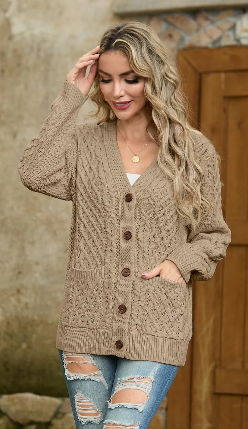 GRECERELLE Women 2024 Fall Long Sleeve Cable Knit Sweater Button Open Front Cardigan Loose Outerwear Coat with Pockets