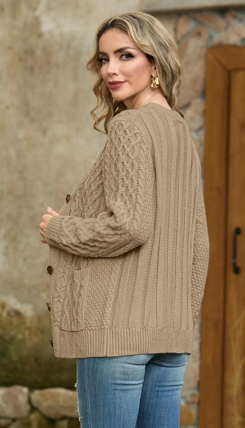GRECERELLE Women 2024 Fall Long Sleeve Cable Knit Sweater Button Open Front Cardigan Loose Outerwear Coat with Pockets