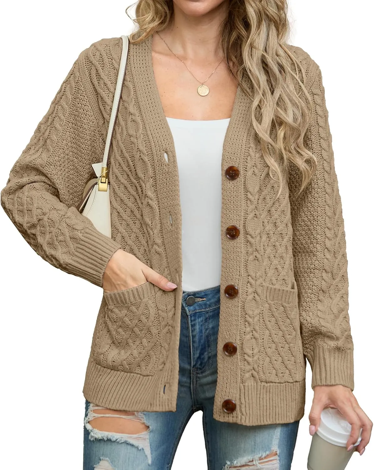 GRECERELLE Women 2024 Fall Long Sleeve Cable Knit Sweater Button Open Front Cardigan Loose Outerwear Coat with Pockets
