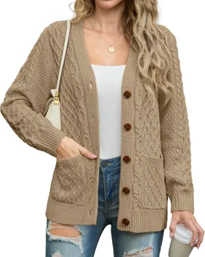 GRECERELLE Women 2024 Fall Long Sleeve Cable Knit Sweater Button Open Front Cardigan Loose Outerwear Coat with Pockets