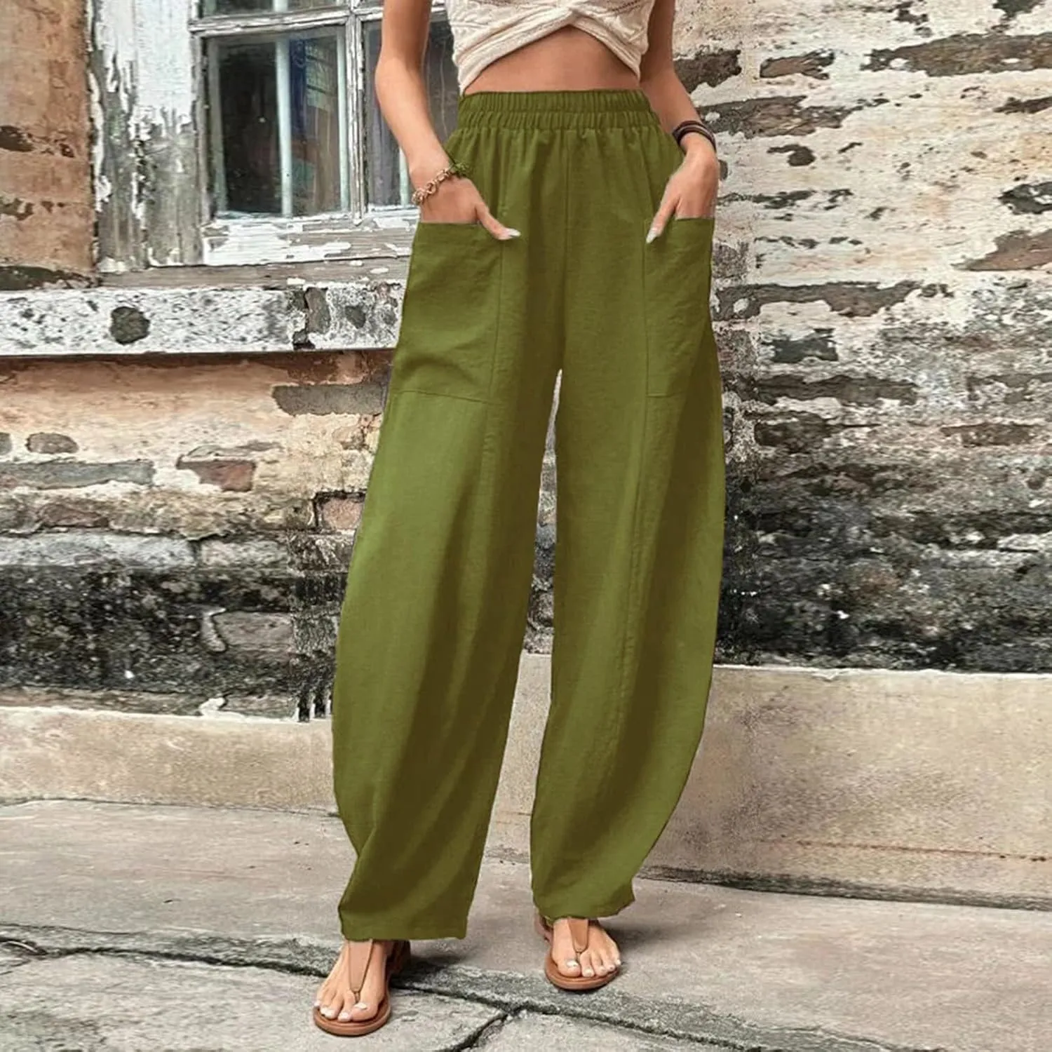 Harem Pants for Women Casual Comfy Cotton Lightweight Summer Beach Yoga Pants Elasitc Trousers Joggers with Pockets