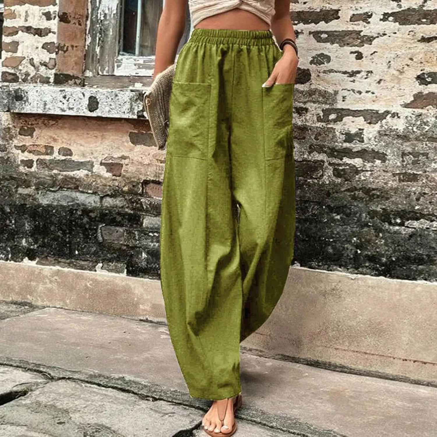 Harem Pants for Women Casual Comfy Cotton Lightweight Summer Beach Yoga Pants Elasitc Trousers Joggers with Pockets