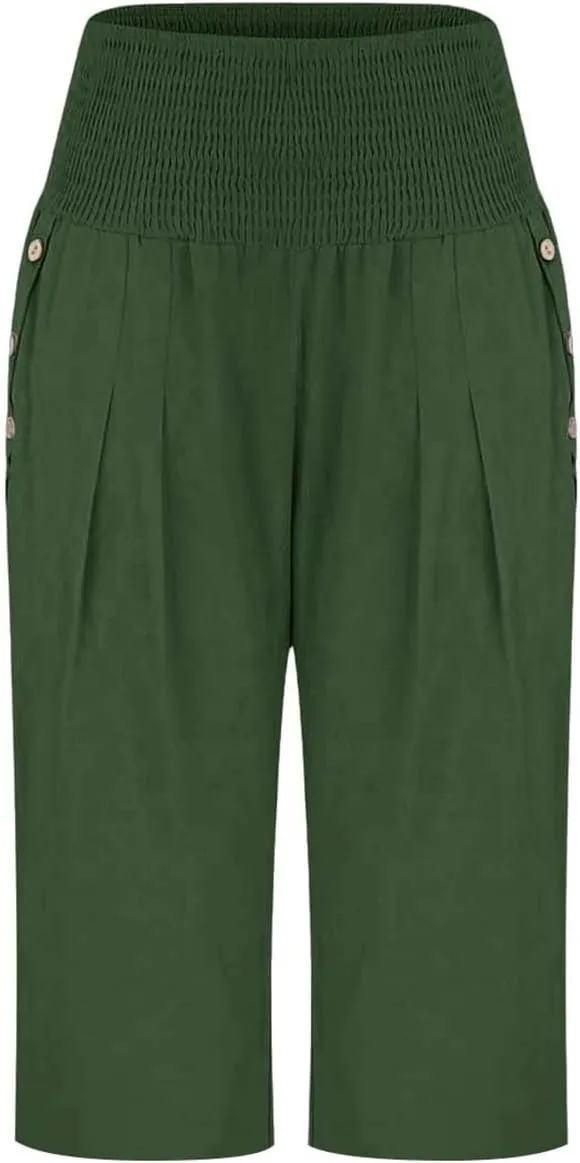 High Waisted Capri Pants for Women Linen Trendy Wide Leg Summer Loose Comfy Casual Palazzo Trousers with Pockets