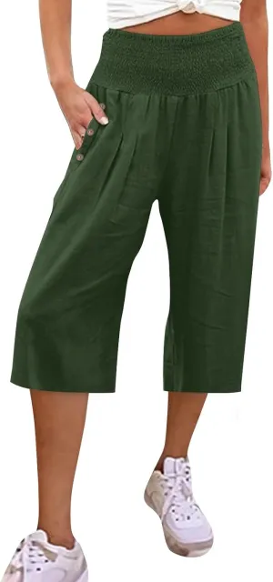 High Waisted Capri Pants for Women Linen Trendy Wide Leg Summer Loose Comfy Casual Palazzo Trousers with Pockets