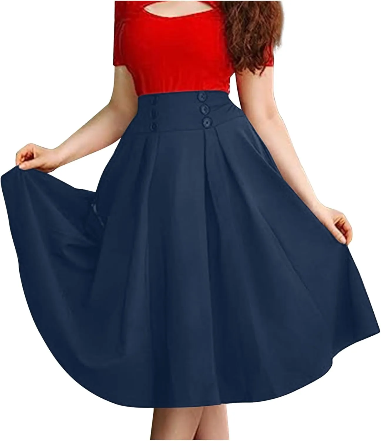 High Waisted Skirt for Women Flowy Pleated Ruched Long Skirt Ladies Casual Button Waisted Swing Midi Skirt with Pocket