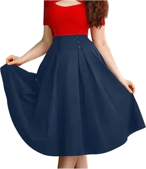 High Waisted Skirt for Women Flowy Pleated Ruched Long Skirt Ladies Casual Button Waisted Swing Midi Skirt with Pocket