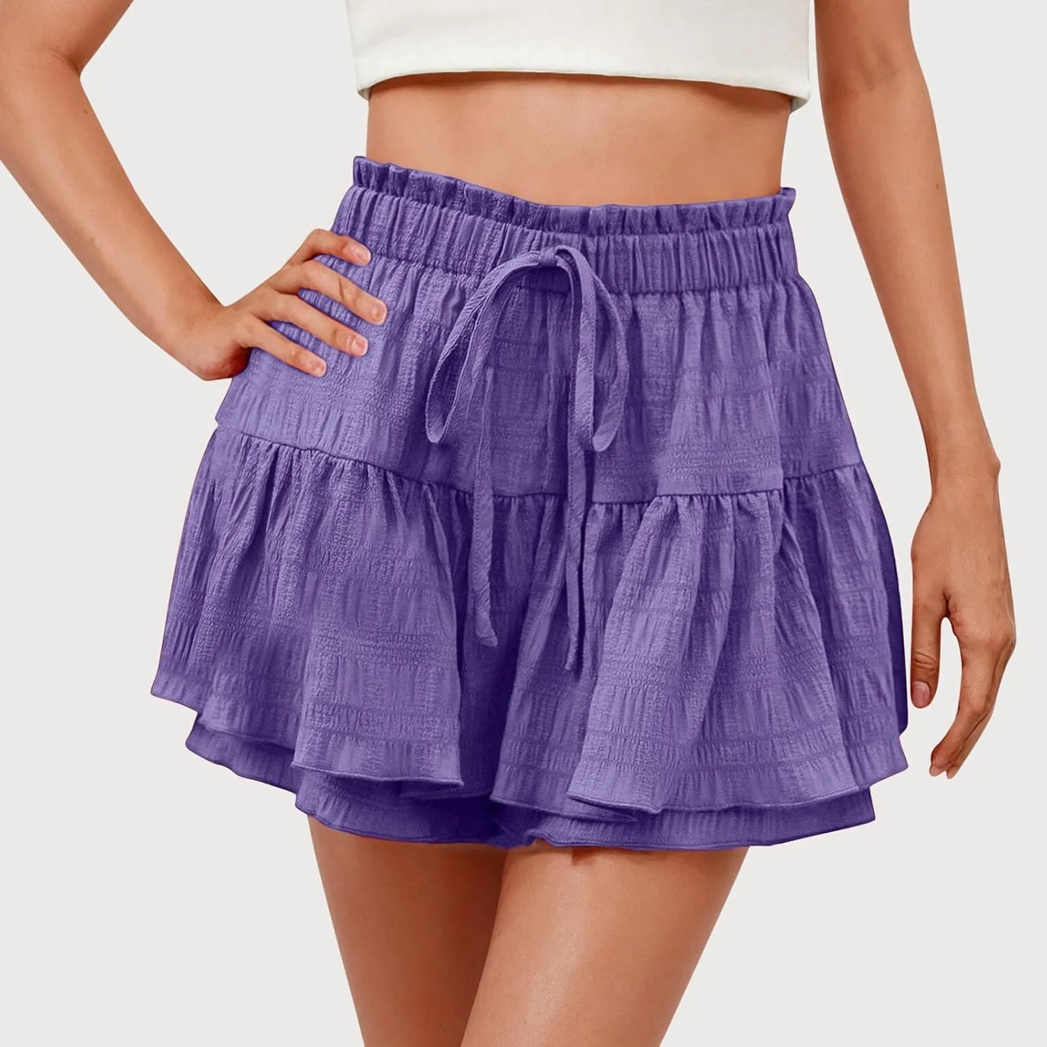 High Waisted Summer Shorts for Women 2025 Casual Ruffle Layer Flowy Skort Shorts Trendy Drawstring Beach Short Pants