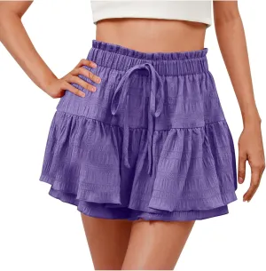 High Waisted Summer Shorts for Women 2025 Casual Ruffle Layer Flowy Skort Shorts Trendy Drawstring Beach Short Pants