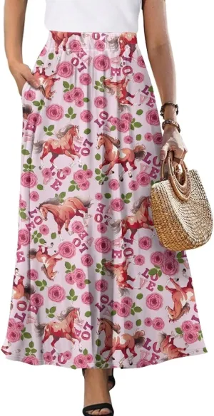 Horse Floral Women's Midi Skirts High Waisted Pleated A-Line Swing Skirts Valentine Long Skirts with Pockets Tummy Control Maxi Skirt for Fall Winter Size S-2XL