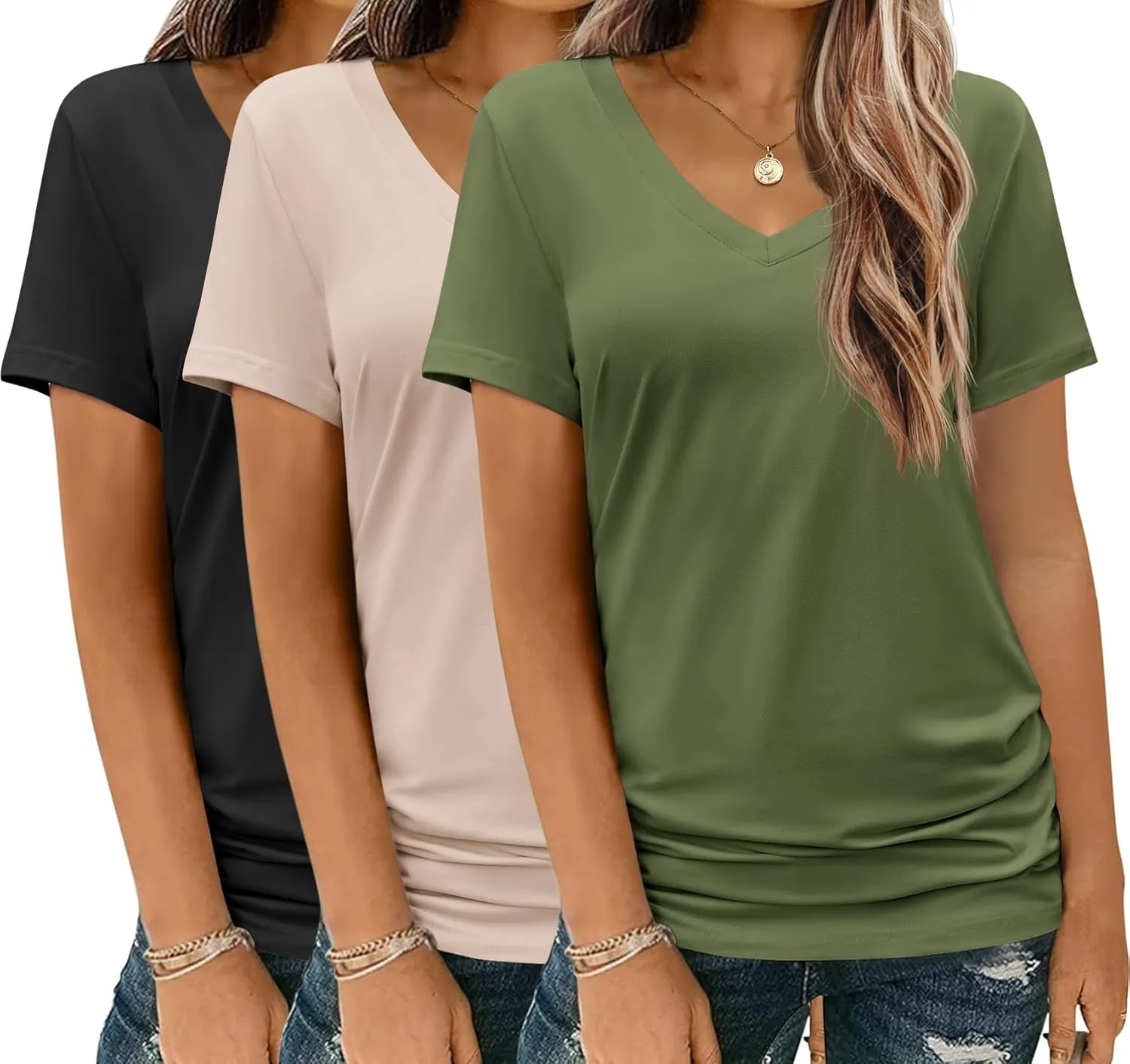 HOTOUCH Womens T Shirts Short Sleeve V Neck Basic Tee Soft Casual Loose Fit Summer Tops Outfits 2025 Fashion