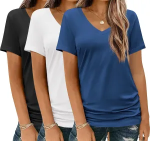 HOTOUCH Womens T Shirts Short Sleeve V Neck Basic Tee Soft Casual Loose Fit Summer Tops Outfits 2025 Fashion