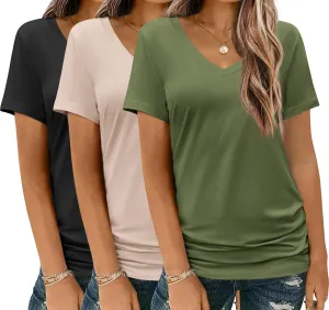 HOTOUCH Womens T Shirts Short Sleeve V Neck Basic Tee Soft Casual Loose Fit Summer Tops Outfits 2025 Fashion