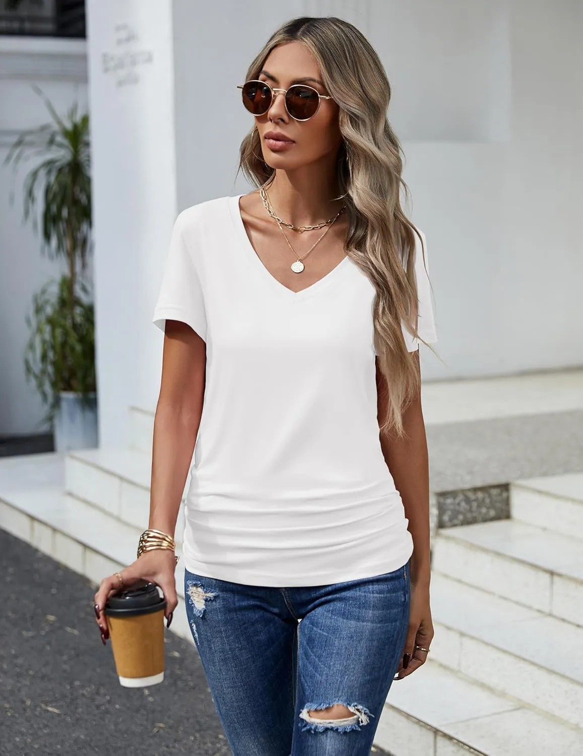 HOTOUCH Womens T Shirts Short Sleeve V Neck Basic Tee Soft Casual Loose Fit Summer Tops Outfits 2025 Fashion