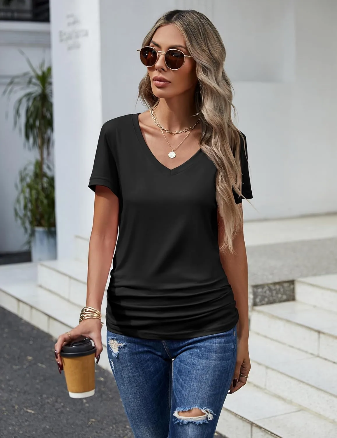HOTOUCH Womens T Shirts Short Sleeve V Neck Basic Tee Soft Casual Loose Fit Summer Tops Outfits 2025 Fashion