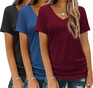 HOTOUCH Womens T Shirts Short Sleeve V Neck Basic Tee Soft Casual Loose Fit Summer Tops Outfits 2025 Fashion