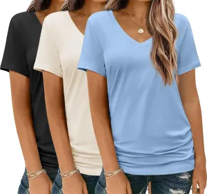 HOTOUCH Womens T Shirts Short Sleeve V Neck Basic Tee Soft Casual Loose Fit Summer Tops Outfits 2025 Fashion
