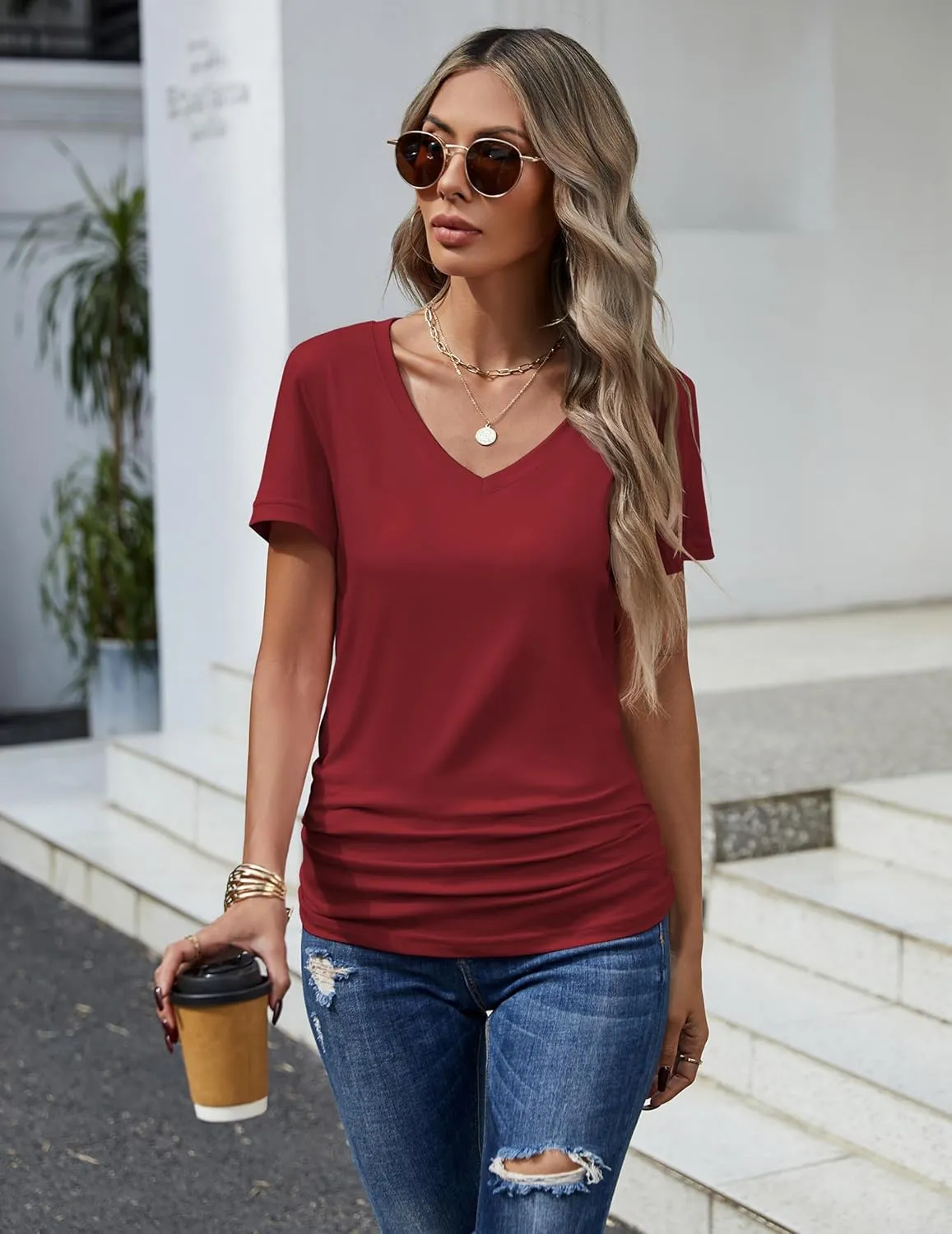 HOTOUCH Womens T Shirts Short Sleeve V Neck Basic Tee Soft Casual Loose Fit Summer Tops Outfits 2025 Fashion