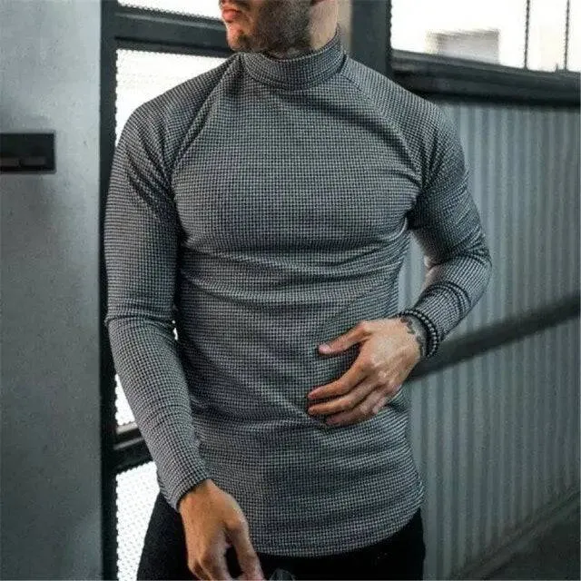 Houndstooth Print Men T-shirt Turtleneck Long Sleeve Casual Thin Autumn Winter 2021 Basic T Shirts Men&#39;s Tops Pullover Top Male