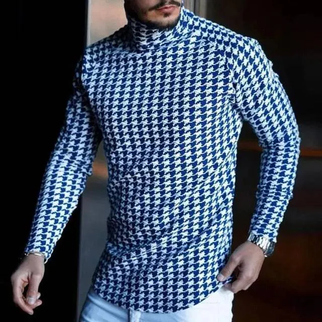 Houndstooth Print Men T-shirt Turtleneck Long Sleeve Casual Thin Autumn Winter 2021 Basic T Shirts Men&#39;s Tops Pullover Top Male