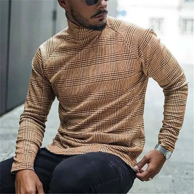 Houndstooth Print Men T-shirt Turtleneck Long Sleeve Casual Thin Autumn Winter 2021 Basic T Shirts Men&#39;s Tops Pullover Top Male