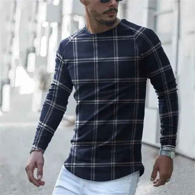 Houndstooth Print Men T-shirt Turtleneck Long Sleeve Casual Thin Autumn Winter 2021 Basic T Shirts Men&#39;s Tops Pullover Top Male