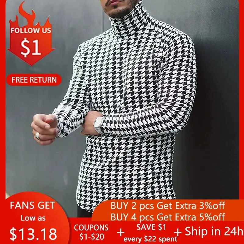 Houndstooth Print Men T-shirt Turtleneck Long Sleeve Casual Thin Autumn Winter 2021 Basic T Shirts Men&#39;s Tops Pullover Top Male