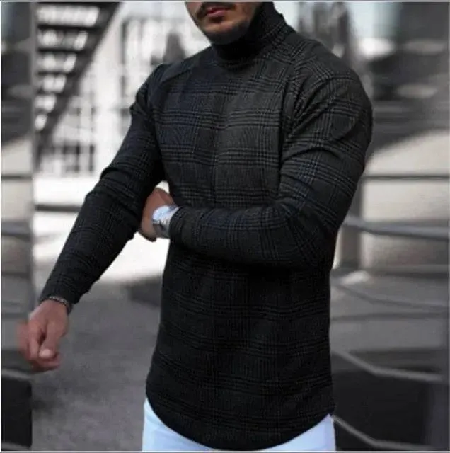 Houndstooth Print Men T-shirt Turtleneck Long Sleeve Casual Thin Autumn Winter 2021 Basic T Shirts Men&#39;s Tops Pullover Top Male