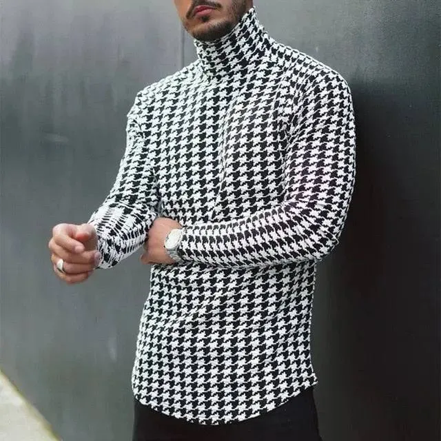 Houndstooth Print Men T-shirt Turtleneck Long Sleeve Casual Thin Autumn Winter 2021 Basic T Shirts Men&#39;s Tops Pullover Top Male