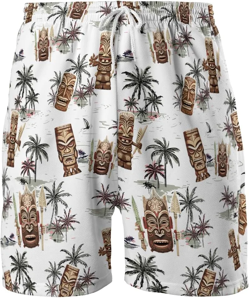 Hula Tiki Mens Hawaiian Sport Shorts - Tropical Tiki Hawaiian Shorts for Men - Casual Drawstring Beachwear Shorts Series 16