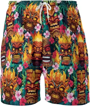 Hula Tiki Mens Hawaiian Sport Shorts - Tropical Tiki Hawaiian Shorts for Men - Casual Drawstring Beachwear Shorts Series 16