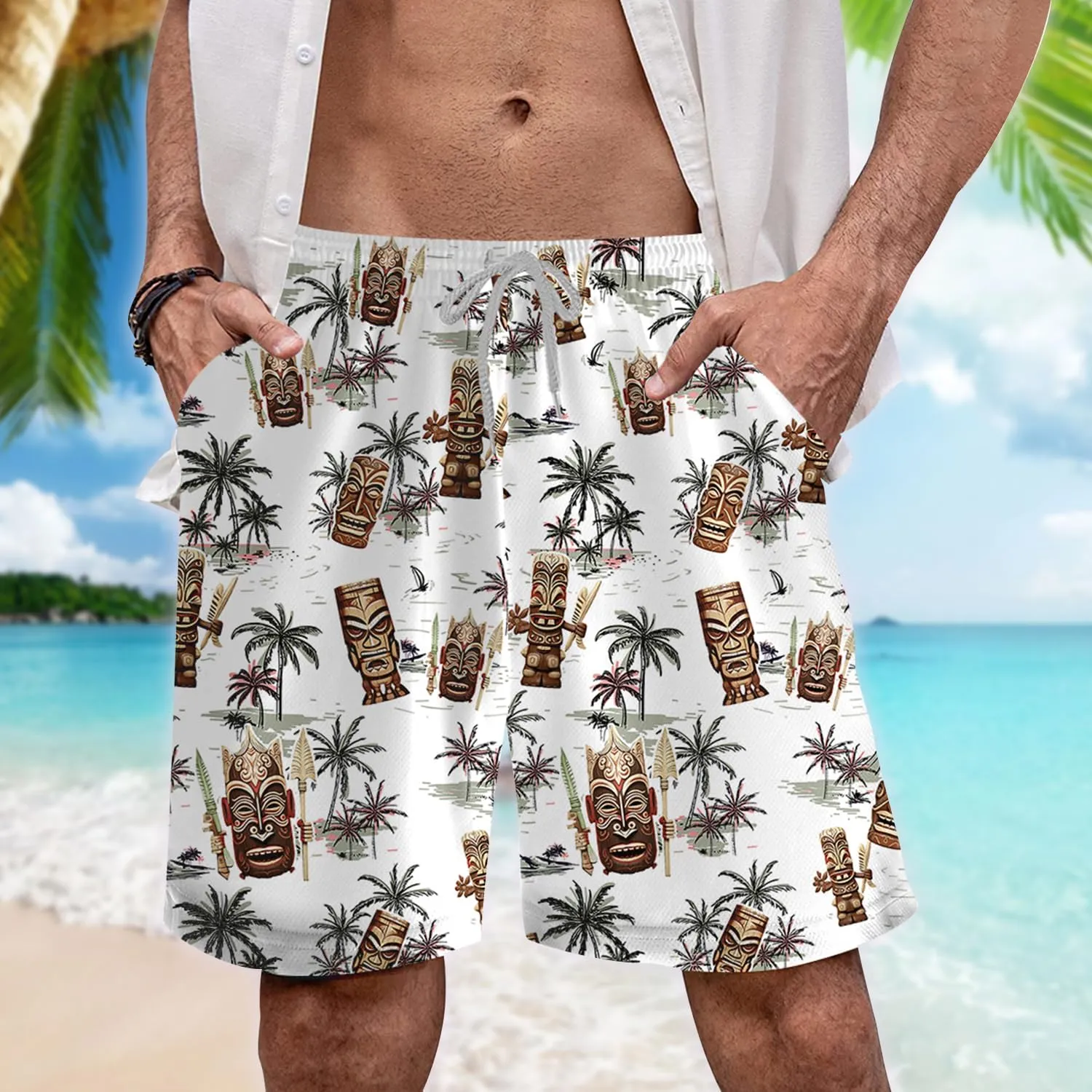 Hula Tiki Mens Hawaiian Sport Shorts - Tropical Tiki Hawaiian Shorts for Men - Casual Drawstring Beachwear Shorts Series 16