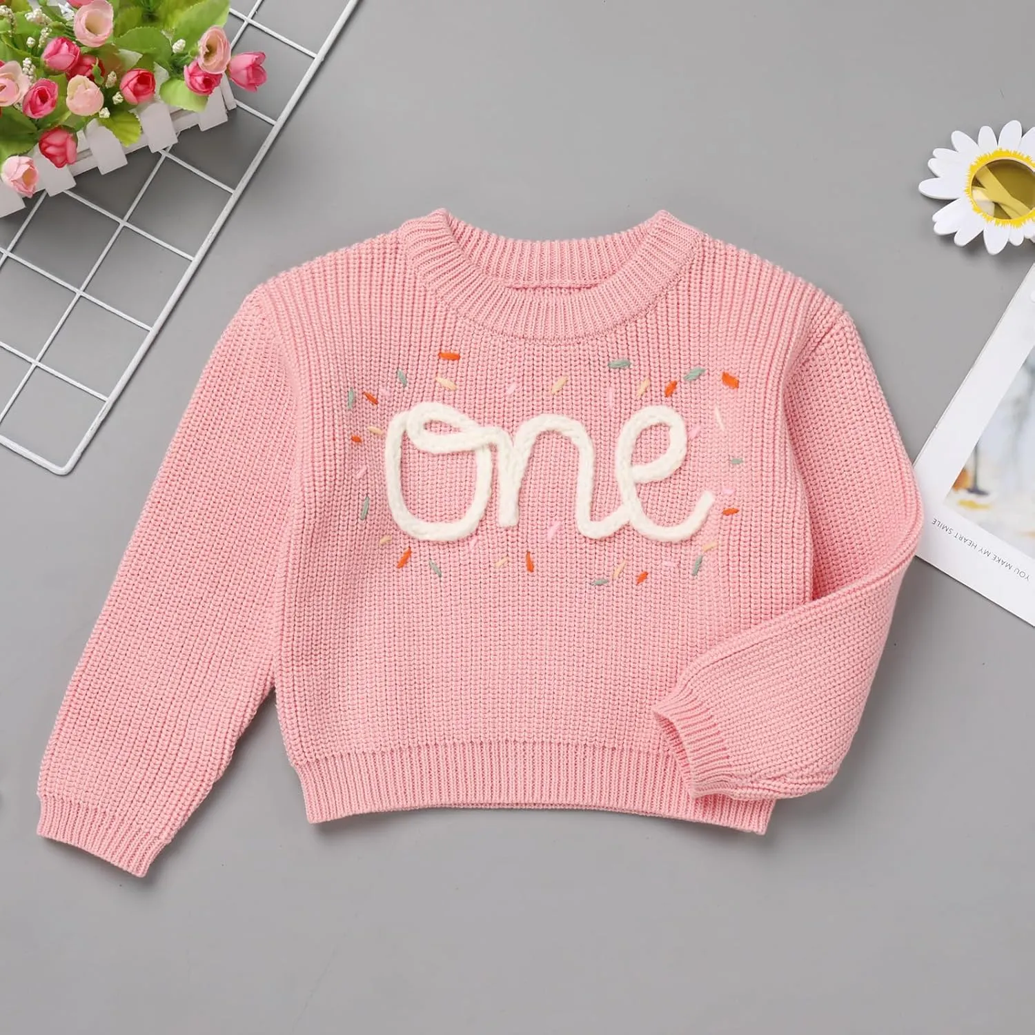 IDOPIP Toddler Baby Girls First Birthday Outfit Boho Embroidery One Sweater Top Knit Pullover Sweatshirt Fall Winter Clothes
