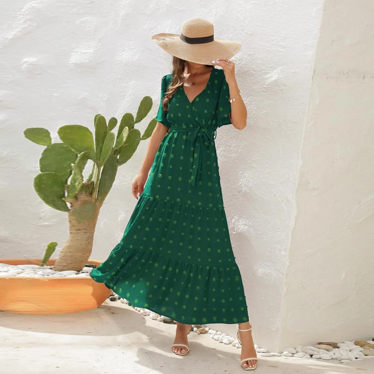 IDOPIP Women Casual Swiss Dot Tiered Maxi Dress with Belt Beach Summer Wedding Guest Sundress Elegant Cocktail Evening Outfit