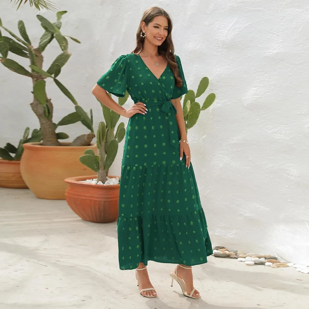 IDOPIP Women Casual Swiss Dot Tiered Maxi Dress with Belt Beach Summer Wedding Guest Sundress Elegant Cocktail Evening Outfit