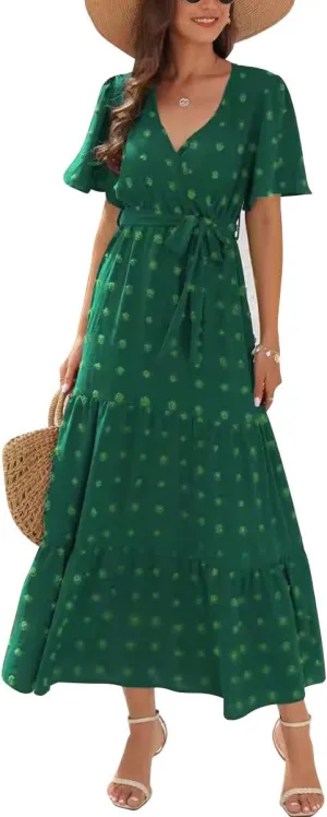 IDOPIP Women Casual Swiss Dot Tiered Maxi Dress with Belt Beach Summer Wedding Guest Sundress Elegant Cocktail Evening Outfit