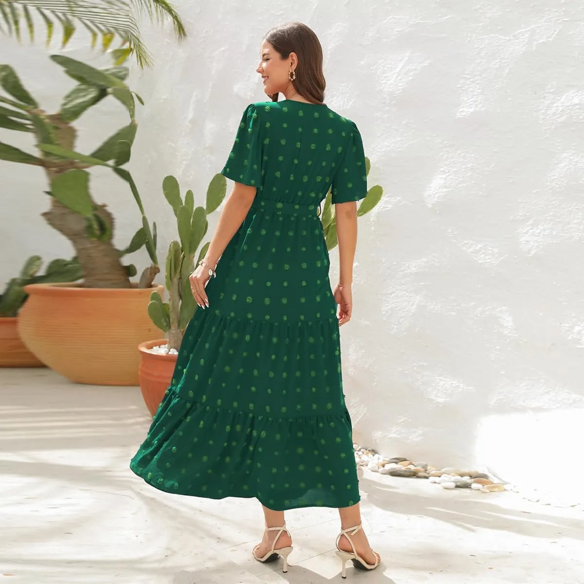 IDOPIP Women Casual Swiss Dot Tiered Maxi Dress with Belt Beach Summer Wedding Guest Sundress Elegant Cocktail Evening Outfit