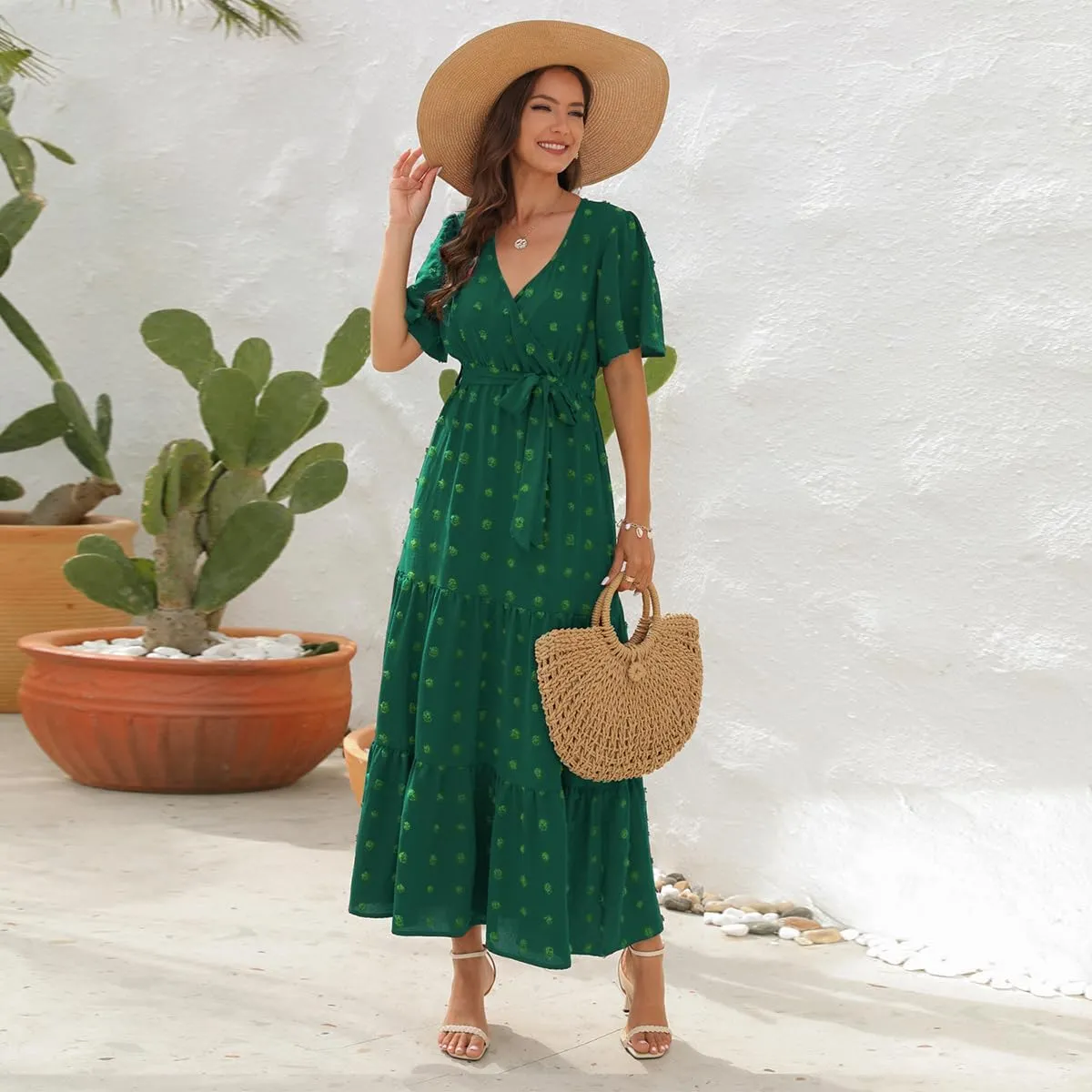IDOPIP Women Casual Swiss Dot Tiered Maxi Dress with Belt Beach Summer Wedding Guest Sundress Elegant Cocktail Evening Outfit